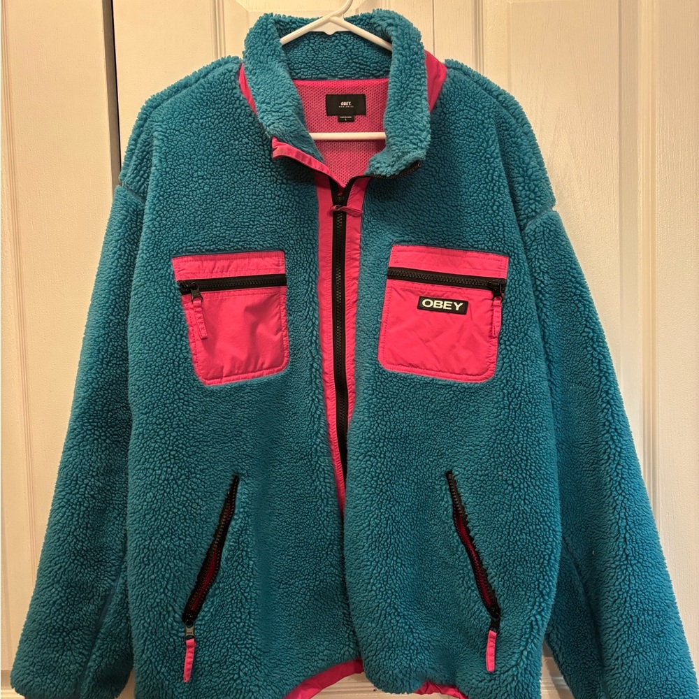 Obey Men’s Blue and Pink Fleece Jacket